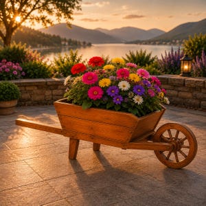 Può includere: Una carriola in legno usata come fioriera, riempita con un vivace assortimento di fiori colorati, tra cui fiori rossi, gialli, rosa, viola e bianchi. La fioriera presenta una singola ruota in legno e una struttura a doghe orizzontali.