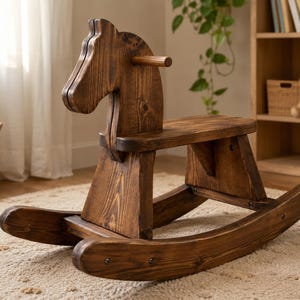 May include: A dark brown wooden rocking horse featuring a simple, minimalist design with a smooth finish, a horizontal handle for gripping, and two curved rockers at the base. The structure is composed of solid wood planks with visible grain.