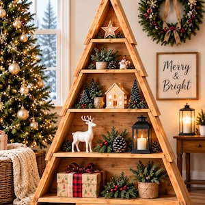 Op de afbeelding: Een driehoekige houten wandplank in de vorm van een kerstboom met vier niveaus. De planken bevatten diverse kerstversieringen, waaronder een wit huisje, een wit hertje, een zwarte lantaarn, een cadeau met een rode strik en groen.