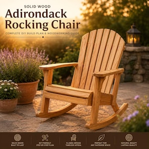 Puede incluir: Una mecedora Adirondack de madera maciza de color marrón claro con respaldo y asiento de listones. El texto dice: SOLID WOOD Adirondack Rocking Chair COMPLETE DIY BUILD PLAN & WOODWORKING GUIDE, junto con iconos de madera y bricolaje.
