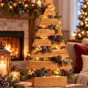 Op de afbeelding: Een decoratieve houten kerstboomsculptuur opgebouwd uit gestapelde horizontale planken, bekroond met een houten ster. De structuur is versierd met geïntegreerde warme kerstverlichting, kunstmatige dennentakken, kleine rode bessen, witte bessen en dennenappels.