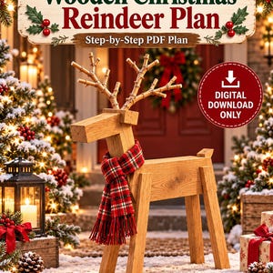 Könnte beinhalten: Ein digitaler Download-Plan für ein hölzernes Weihnachtsrentier. Der Text lautet Wooden Christmas Reindeer Plan, Step-by-Step PDF Plan und DIGITAL DOWNLOAD ONLY. Das Rentier besteht aus hellbraunem Holz und trägt einen rot-grünen Schal.