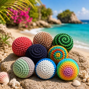 May include: A collection of nine spherical crochet balls in various colors and patterns, including solid red, tan, dark blue, white, and green, alongside multi-colored striped and spiral designs, arranged together on a textured rocky surface.