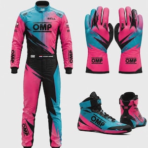 May include: A racing suit, a pair of gloves, and a pair of high-top racing shoes featuring a vibrant gradient pattern of bright pink, cyan blue, and black. The OMP logo is printed on the chest, sleeves, gloves, and shoes, with Bell branding.