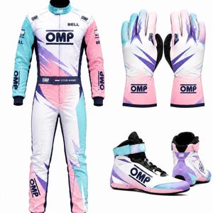 May include: A racing suit, a pair of gloves, and a pair of high-top racing shoes. The set features a white base with gradient patterns in light blue, pink, and purple. The OMP logo is printed in black on the suit, gloves, and shoes. BELL is on the suit.