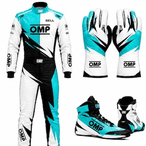 May include: A racing suit, a pair of gloves, and a pair of high-top racing shoes in a white, black, and cyan color scheme. The suit features the OMP logo on the chest, belt, and sleeves, with the word BELL on the chest. The gloves and shoes also feature the OMP logo.