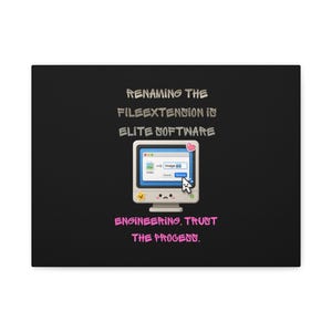 Peut inclure: Une toile rectangulaire noire avec le texte RENAMING THE FILEEXTENSION IS ELITE SOFTWARE ENGINEERING, TRUST THE PROCESS. Au centre, une icône d'écran d'ordinateur affiche une boîte de dialogue de renommage de fichier avec un curseur.