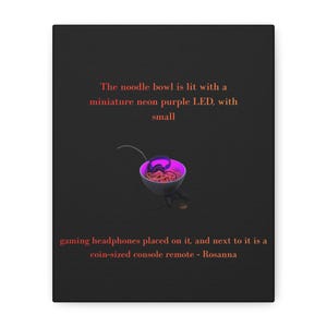 May include: A dark gray bowl filled with noodles, illuminated by a miniature neon purple LED light. Small gaming headphones rest on the bowl, and a coin-sized console remote sits nearby. The text reads: The noodle bowl is lit with a miniature neon purple LED, with small gaming headphones placed on it, and next to it is a coin-sized console remote - Rosanna.