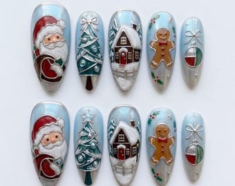 Cute Christmas Press On Nails | Santa Gingerbread Man Winter House Fake Nails | 3D Stained Glass Chrome Xmas Gel Nails TR0909