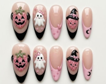Unhas Postiças Rosa de Halloween | Unhas 3D Kawaii de Fantasma Morango | Unhas Coquette Pink-o-Ween | Unhas de Gel Amêndoa Reutilizáveis ​​Feitas à Mão TR0909