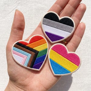 Embroidered Custom LGBTQ Pride Flag Heart Shape Patch, Rainbow Sew Iron On Patch, Queer Backpack Accessory, Inclusive Gift, Colorful Badge