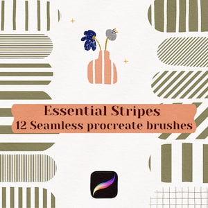 Peut inclure: Un graphique numérique avec le texte Essential Stripes 12 Seamless procreate brushes. Le design présente des motifs à rayures vert olive de largeurs et orientations variées, un vase rose avec des fleurs bleues et grises, et l'icône Procreate.