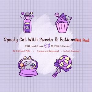Spooky Cat With Sweets & Potions Clipart Mini Pack, Hand-Drawn Halloween Doodles (Digital Download)