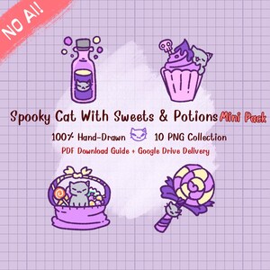 Spooky Cat With Sweets & Potions Mini PNG Pack | 10 Hand Drawn Halloween Cat Doodles Digital Sticker | Instant Download