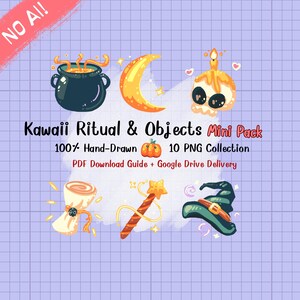 Puede incluir: Una colección digital titulada Kawaii Ritual & Objects Mini Pack que presenta ilustraciones dibujadas a mano de un caldero negro, una luna creciente amarilla, una vela de calavera, un pergamino, una varita con estrella y un sombrero de bruja verde sobre una cuadrícula morada.