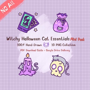 Puede incluir: Un conjunto gráfico digital titulado Witchy Halloween Cat Essentials Mini Pack que presenta ilustraciones dibujadas a mano de una carta del tarot, una bolsa morada, una vela derretida con un gato y un gato sobre una calavera.