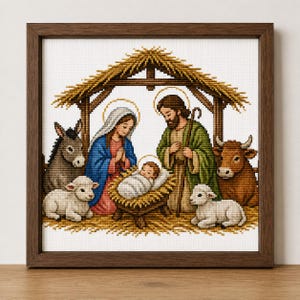 Julkrubba korsstygnsmönster PDF, julkrubba, Jesusbarnet Maria Josef mönster, religiös juldekoration, omedelbar nedladdning