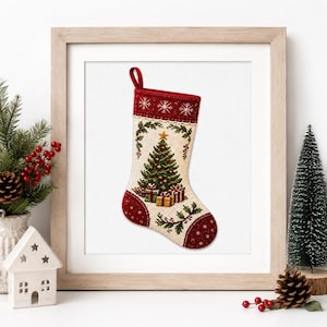 May include: A cream-colored Christmas stocking featuring a needlepoint design of a decorated green Christmas tree with wrapped gifts at the base, surrounded by holly leaves, with a red cuff adorned with white snowflakes and a red toe and heel.
