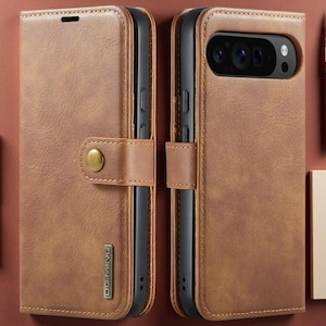 May include: A brown leather-style wallet phone case with a snap-button closure and a metal DG.MING logo plate. The case features a black inner frame, visible side buttons, and a large rectangular cutout on the back for a multi-lens camera system.