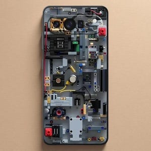 May include: A rectangular smartphone case featuring a complex, multi-colored mechanical design that mimics exposed internal circuitry and hardware components. The surface displays various small plastic-like parts, wires, and gears in gray, black, red, and yellow.