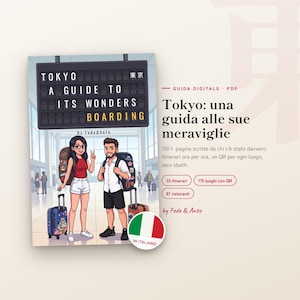 Può includere: Una guida di viaggio digitale intitolata Tokyo: A Guide to Its Wonders Boarding, con l'illustrazione di due viaggiatori con zaini e valigie in un aeroporto. Il testo include Tokyo: una guida alle sue meraviglie e by Fede & Anto.