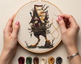 May include: An embroidery hoop containing a fabric panel with a stitched illustration of a house on bird-like legs. The house features a central eye, dark wood tones, and a golden roof. Six skeins of embroidery floss in various colors are below.