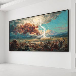 Fantasy Battle Scene Canvas Wall Art, Thunderstorm Lightning, Epic War Illustration, Mythical Creature Canvas, Dramatic Landscape Scene