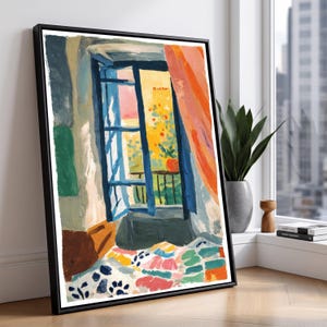 Bright Open Window Canvas, Floral Pot Plant Balcony View, Colorful Curtain and Quilt, Cozy Room Wall Art, Home Decor Canvas