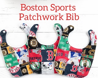 Boston Sports Baby Bib | Red Sox, Celtics, Bruins, Patriots Patchwork Bib | One of a Kind Bib | Boston Sports Fan Baby Gift | Ready to Ship