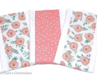 Roses Burp Cloths Set of 3 | Pink and White Floral Burp Rags | New Baby Girl Gift | Baby Shower Gift | Ready to Ship