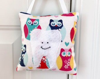 Owls Tooth Fairy Pillow | Pink and Aqua Woodland Owls | Hanging Tooth Fairy Pillow with Pocket | Wiggly Tooth Gift | Ready to Ship