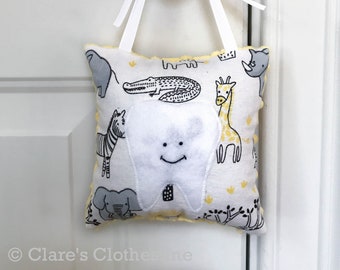 Safari Animals Tooth Fairy Pillow | Giraffes, Elephants, Zebras, Lions | Hanging Tooth Fairy Pillow with Pocket | Clearance Sale