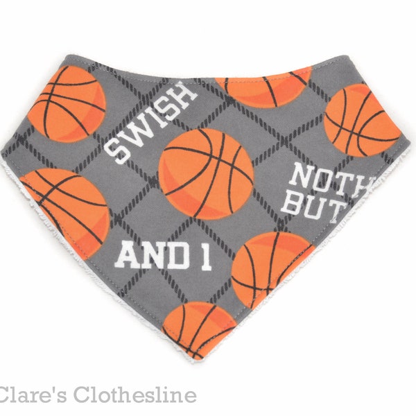 Basketball Bandana Baby Bib | Gray and Orange B-Ball Flannel and Terry Cloth Drool Bib | Sports Fan Baby Gift | Ready to Ship