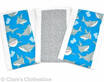 Sharks Baby Burp Cloth Set of 3 | Shark Flannel Burp Rags | Ocean Animal Baby Gift | New Baby Boy Gift | Shark Baby Shower | Ready to Ship