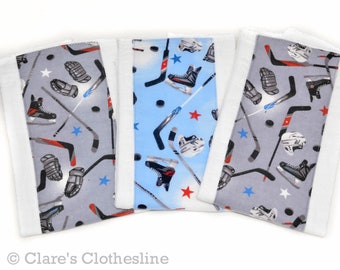 Ice Hockey Burp Cloths Set of 3 | Gray Hockey Sticks and Pucks Burp Rags | Sports Fan Baby Gift | Hockey Baby Shower Gift | READY TO SHIP