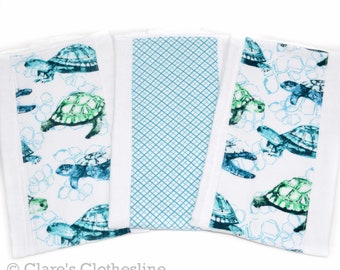 Sea Turtles Baby Burp Cloths Set of 3 | Blue and Green Sea Creatures Burp Rags | Baby Shower Gift | Ocean Baby | Ready to Ship