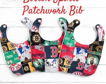 Boston Sports Bib: Red Sox, Celtics, Bruins, Patriots Patchwork, Cotton & Terry Cloth