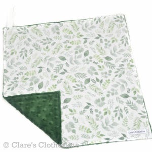 Botanical Baby Lovey | Green and White Eucalyptus Leaves | Flannel and Minky Snuggle Blanket 15&quot;x15&quot; | Gender Neutral Gift | Ready to Ship