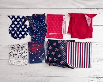 Flannel and Cotton Fabric Scraps | red white and blue patriotic prints scrap pack | stars and stripes and fireworks | Ready to Ship