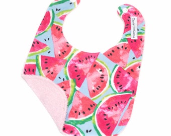 Watermelon Baby Bib | Pink and Green Melon Flannel and Terry Cloth Bib | Summer Baby Gift | New Baby Girl Gift | Ready to Ship