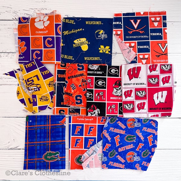 Cotton Fabric Scrap Remnants | College and University fabric scrap pack | Clemson, Florida, LSU, Wisconsin, Syracuse  | Ready to Ship