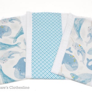 Whales and Narwhals Baby Burp Cloth Set of 3 Ocean Animal Flannel Burp Rags Sea Creatures Baby Shower New Baby Boy Gift Ready to Ship image 1