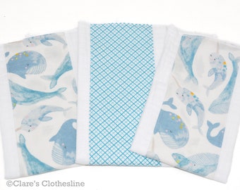 Whales and Narwhals Baby Burp Cloth Set of 3 | Ocean Animal Flannel Burp Rags | Sea Creatures Baby Shower | New Baby Boy Gift |Ready to Ship