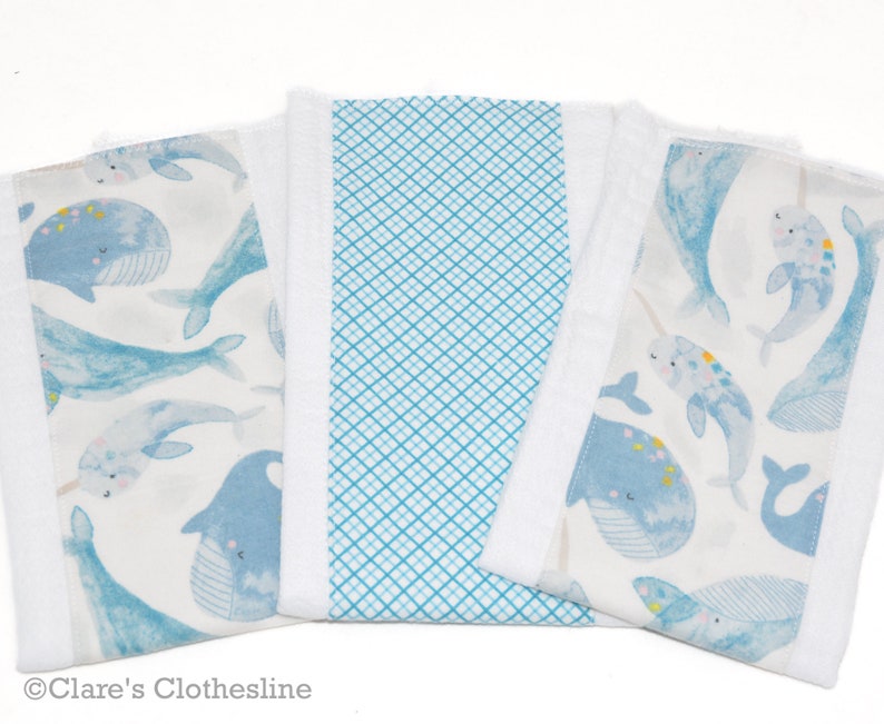 Whales and Narwhals Baby Burp Cloth Set of 3 Ocean Animal Flannel Burp Rags Sea Creatures Baby Shower New Baby Boy Gift Ready to Ship image 1