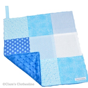 Classic Blue Patchwork Lovey: One of a Kind Baby Boy Gift, Flannel & Minky (15"x15")