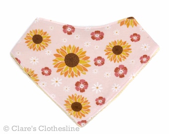 Sunflowers Bandana Baby Bib | Pink and Yellow Floral Flannel and Terry Cloth Drool Bib | New Baby Girl Baby Shower Gift | Ready to Ship