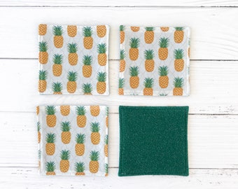 Pineapples Felt Coaster Set | Green and Gold Tropical Fruit Coasters Set of 4 | Hostess Gift | Housewarming Gift | Clearance Sale