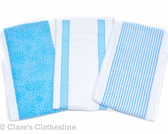 Blue Baby Boy Burp Cloths Set of 3 | Blue Pinstripe and Polka Dot Burp Rags | Classic Blue Baby Gift | New Baby Boy Gift | READY TO SHIP