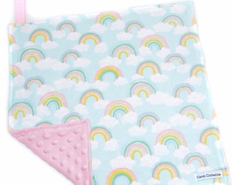 Rainbow Baby Lovey | Pastel Rainbows and Clouds Flannel and Minky Lovey 15"x15" | Baby Girl Gift | Spring Baby Gift | Ready to Ship