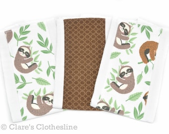 Sloths Burp Cloths Set of 3 | Jungle Animal Baby Burp Rags | Baby Shower Gift | New Baby Gift | READY TO SHIP